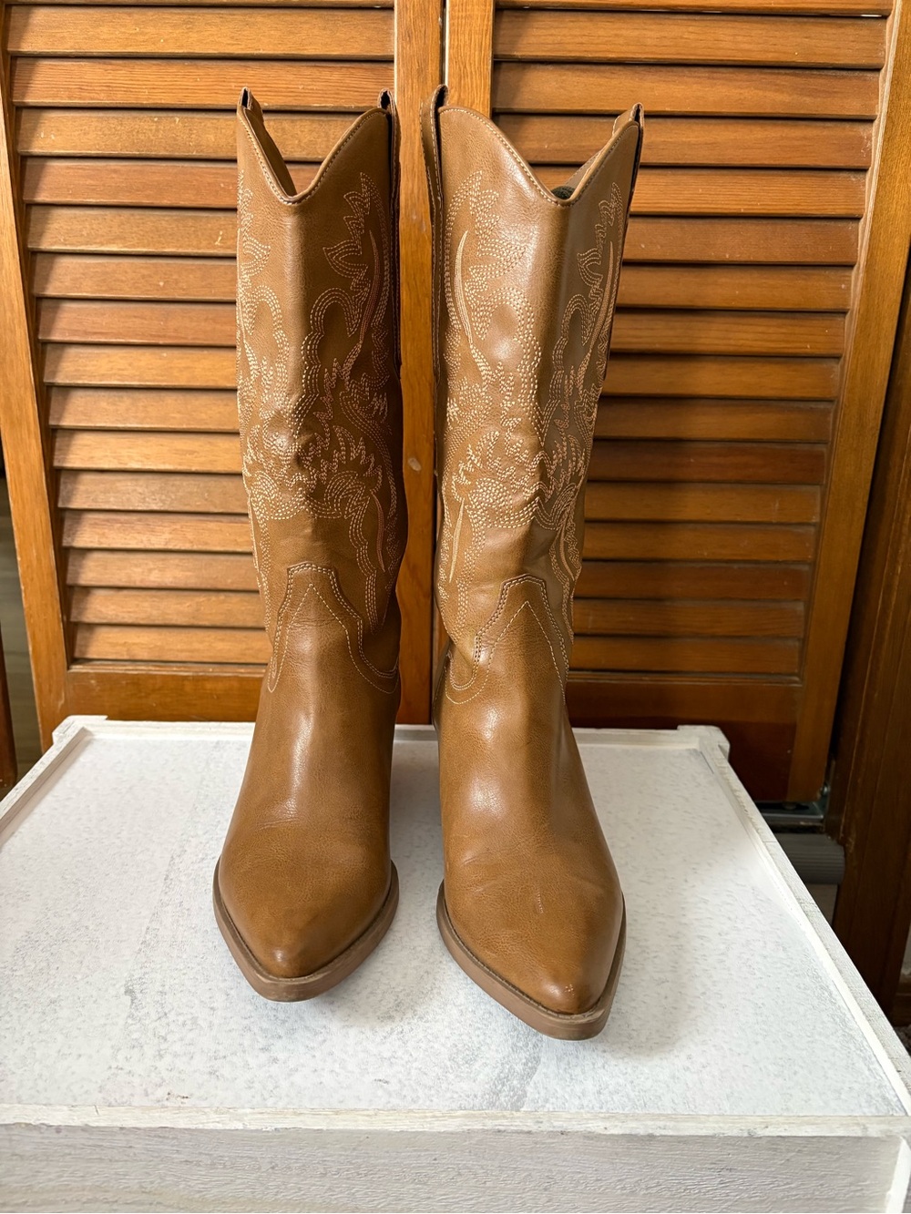 Women's Tan Western-Styled Mid-Calf Heeled Boots